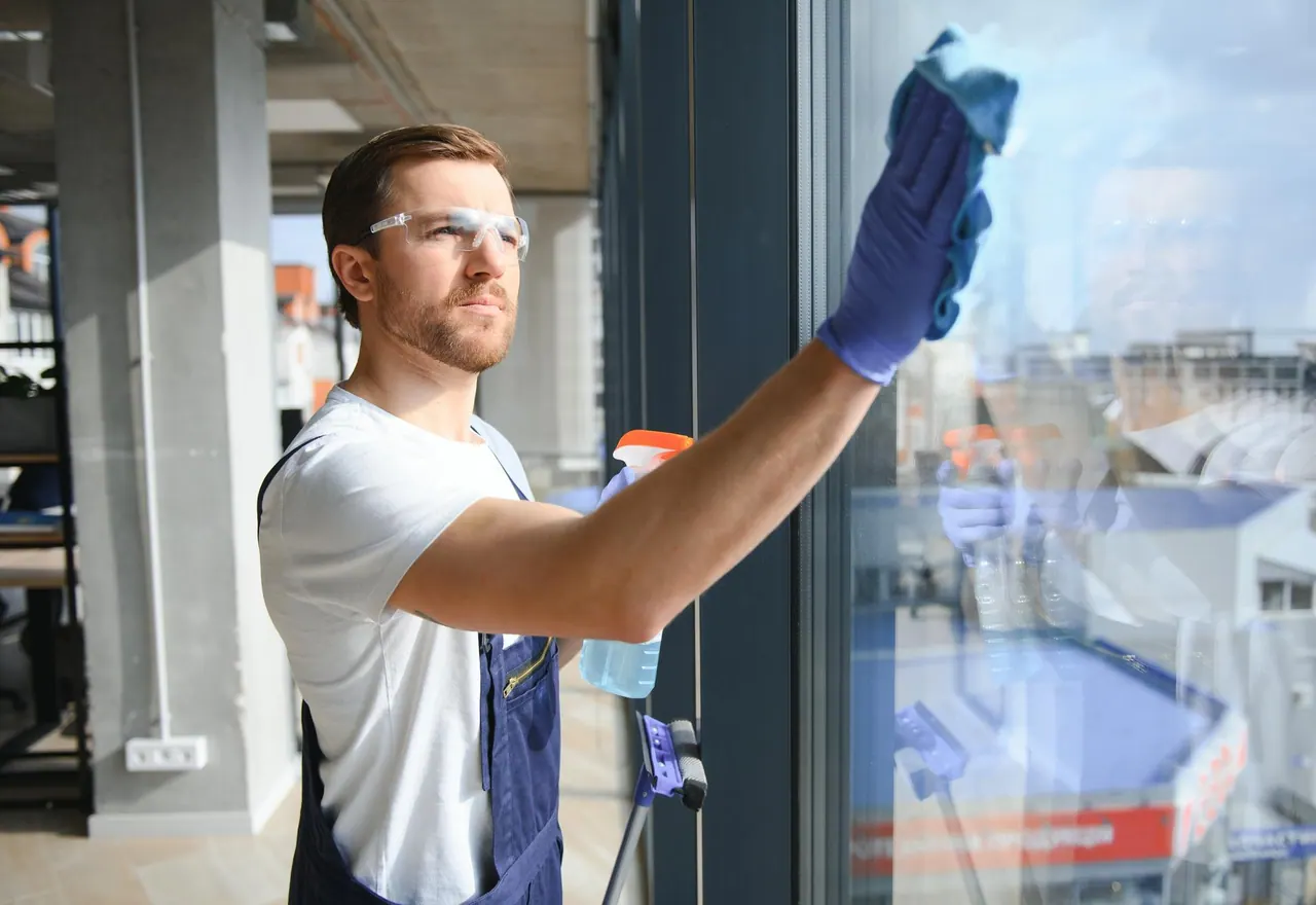 Glasreinigung Pforzheim – Person reinigt eine große Glasfläche streifenfrei
