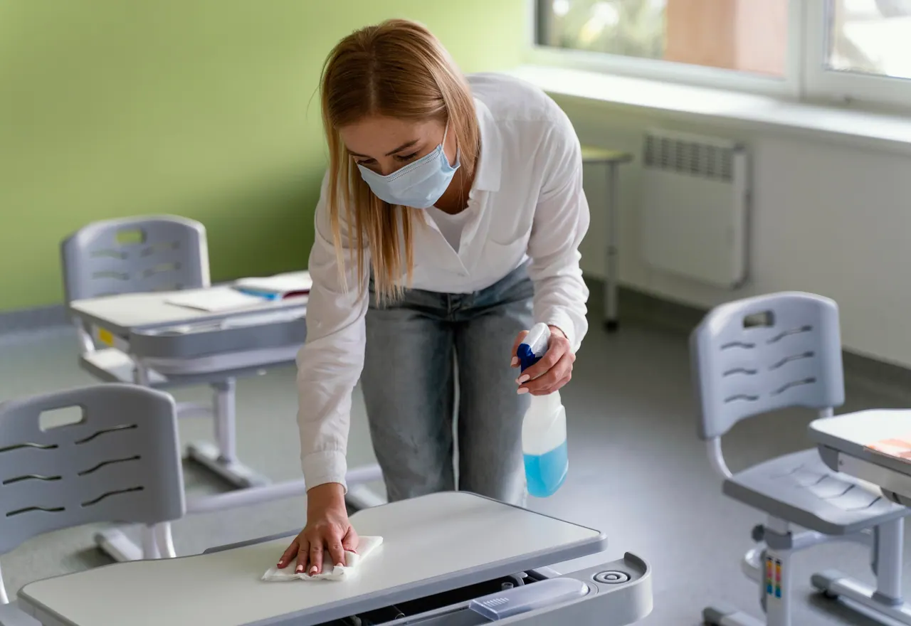 Kita- & Schulreinigung Pforzheim – Reinigungskraft reinigt einen hellen Klassenraum